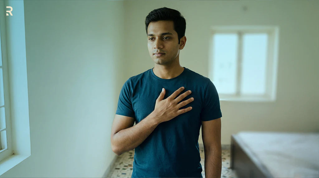 छाती पर हाथ रखता चिंतित पुरुष - कोलेस्ट्रॉल से हृदय और सेक्स लाइफ पर असर