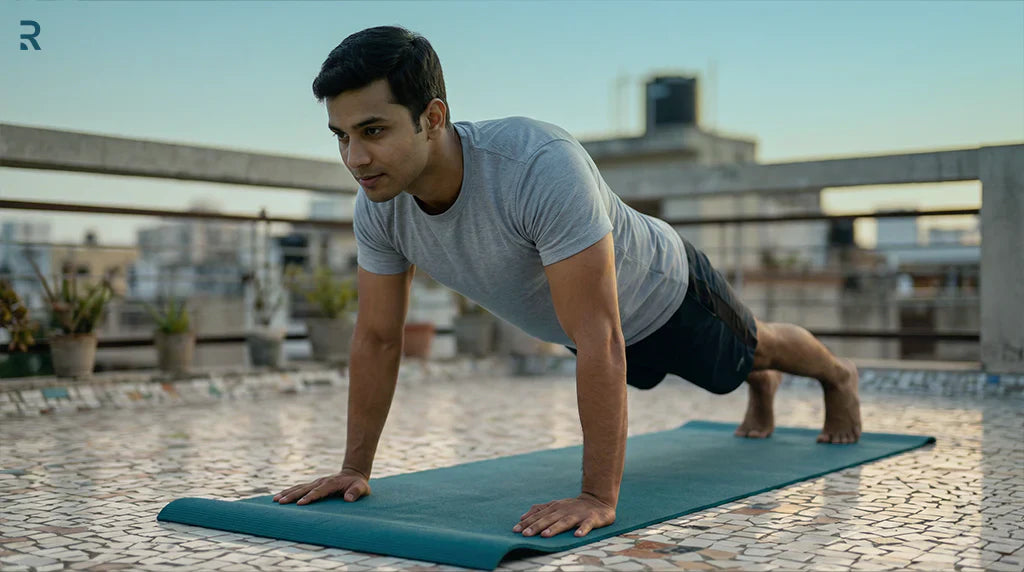 पुरुष प्लैंक एक्सरसाइज करता हुआ - हेल्दी सेक्स लाइफ के लिए स्ट्रेंथ ट्रेनिंग