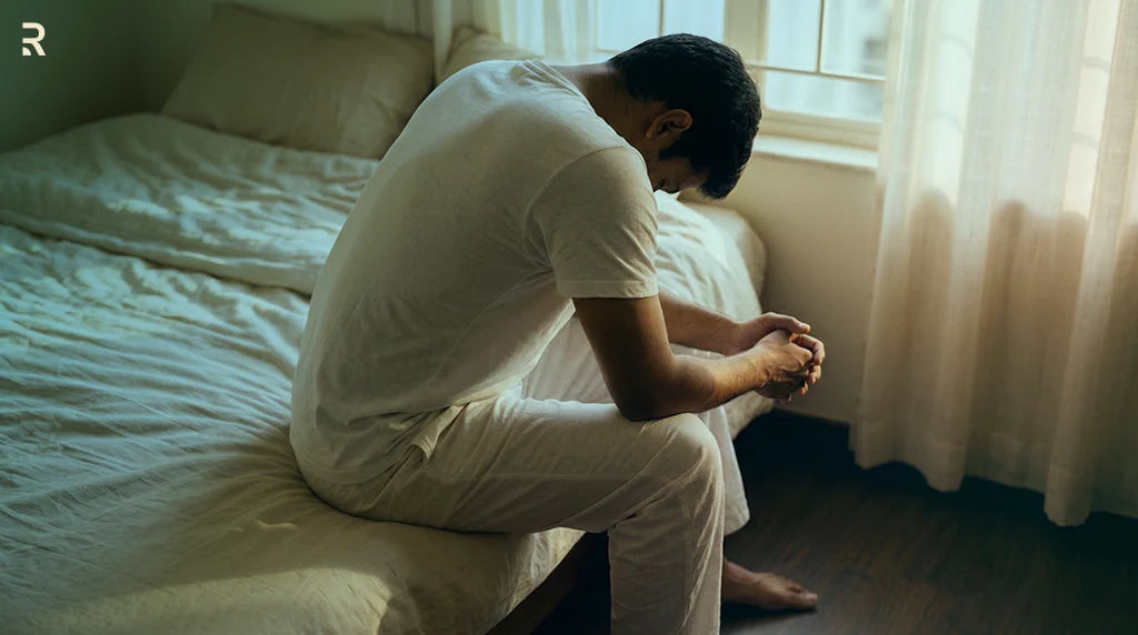 गुप्त रोग से परेशान और चिंतित पुरुष बिस्तर पर बैठा हुआ