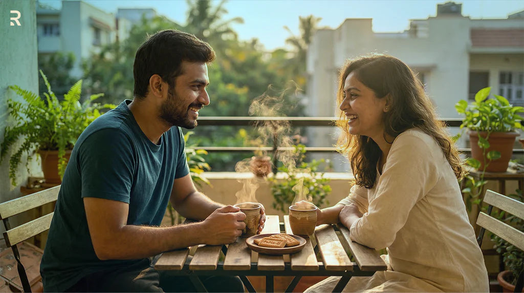 शीघ्रपतन पर पार्टनर से बातचीत — चाय पीते हुए कपल का स्वस्थ संवाद