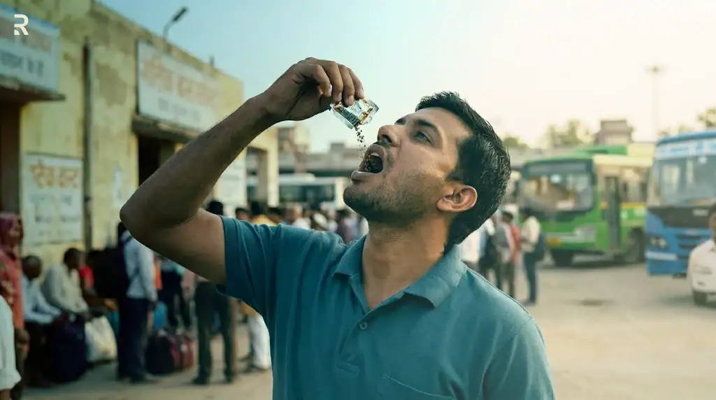 Man tipping gutka (chewing tobacco) into his mouth at a busy Indian bus stand