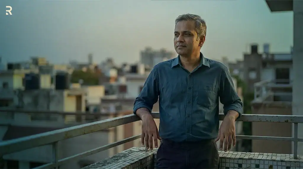 Middle-aged Indian man standing on a terrace at dusk, looking thoughtful about changes in his sex drive with age