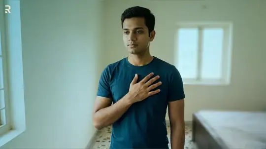 Worried Indian man with his hand on his chest, thinking about how high cholesterol affects his heart and erections