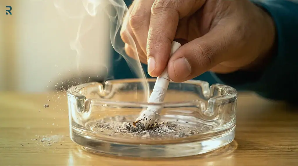 Man stubbing out a cigarette in a glass ashtray, a first step to protecting erection health