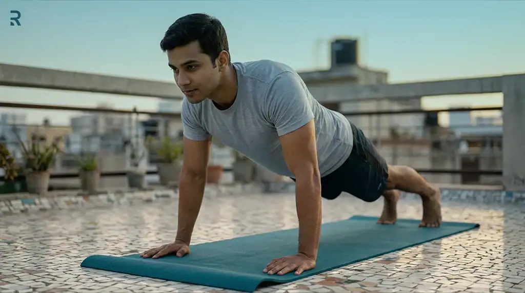 Indian man holding a high plank on a yoga mat on a rooftop, a strength exercise that supports erectile health