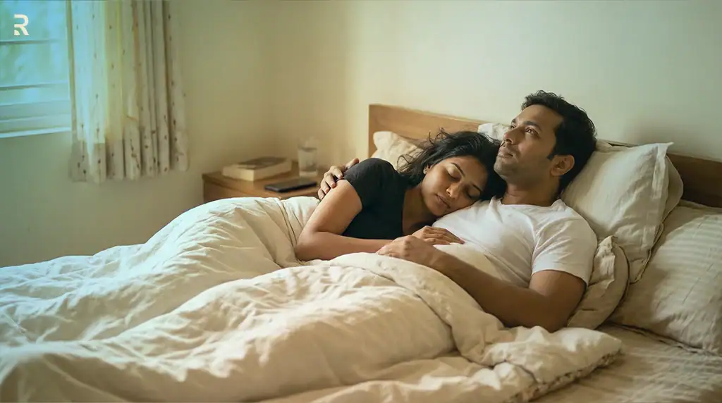 Indian couple lying close together in bed, showing the emotional closeness a healthy sex life can bring