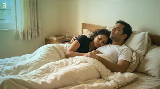 Indian couple lying close together in bed, showing the emotional closeness a healthy sex life can bring