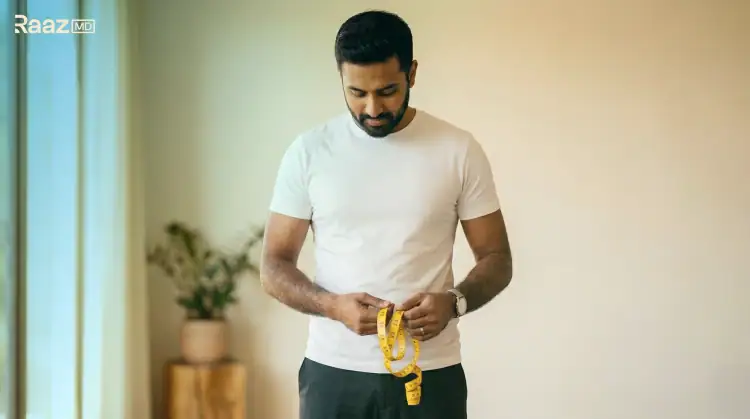 Indian man holding a yellow measuring tape demonstrating the correct way to measure penis size accurately - RaazMD