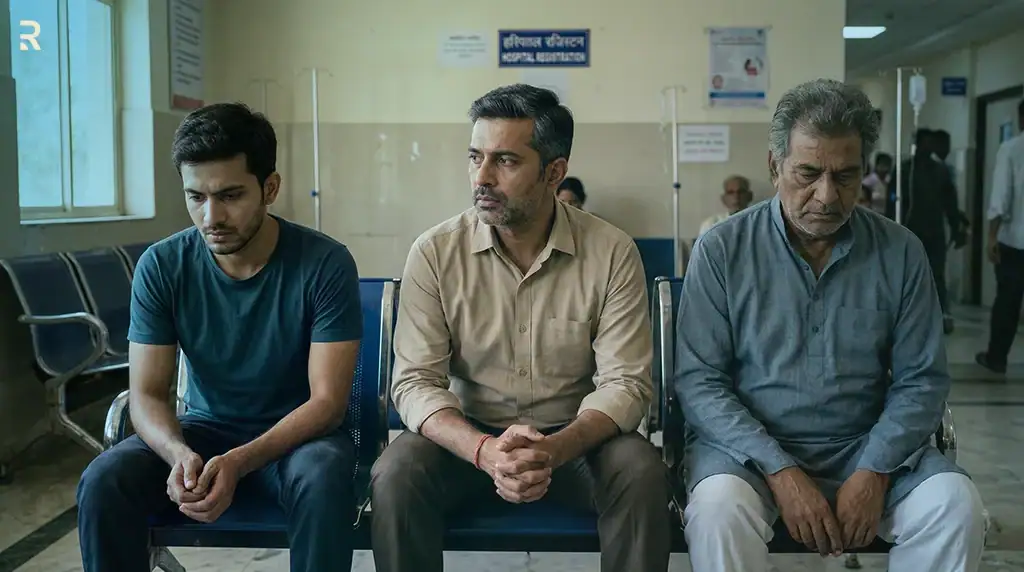 Three Indian men of different ages, young, middle-aged and older, waiting side by side in a hospital corridor