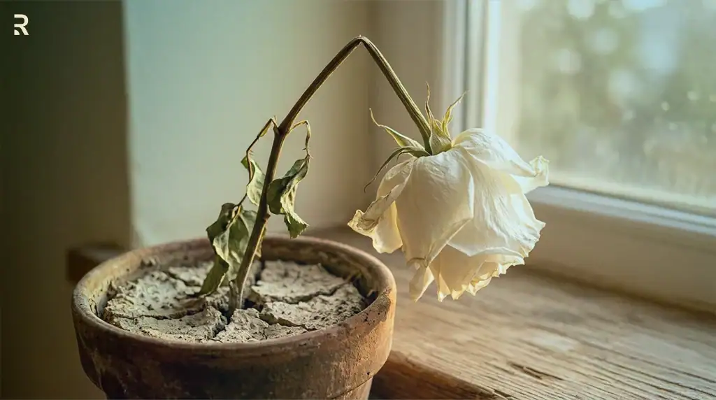 A wilted white rose drooping in a dry clay pot on a windowsill, a metaphor for erectile dysfunction