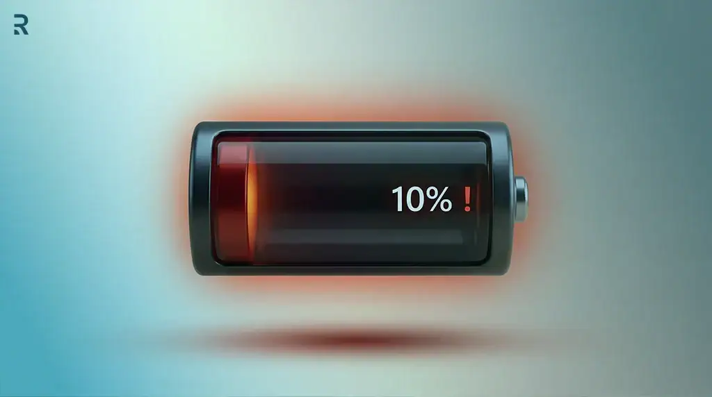 A battery glowing red at 10 percent charge, a metaphor for the low energy that low testosterone can cause