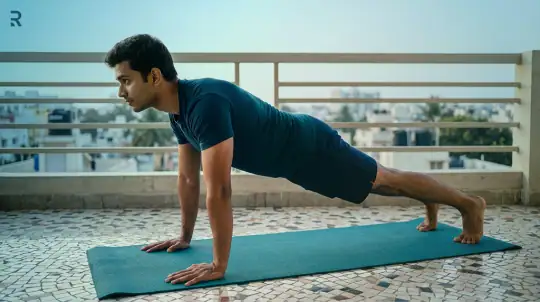 Indian man holding a plank on a rooftop exercise mat, part of a strength routine that helps raise testosterone naturally