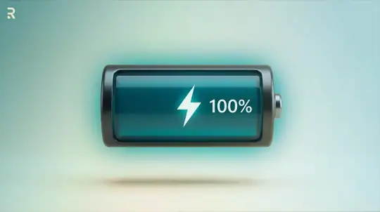 Fully charged battery at 100 percent, a visual metaphor for high energy and sex stamina in men