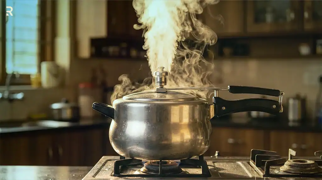 A pressure cooker letting off steam on a gas stove, a metaphor for the stress and tension behind premature ejaculation