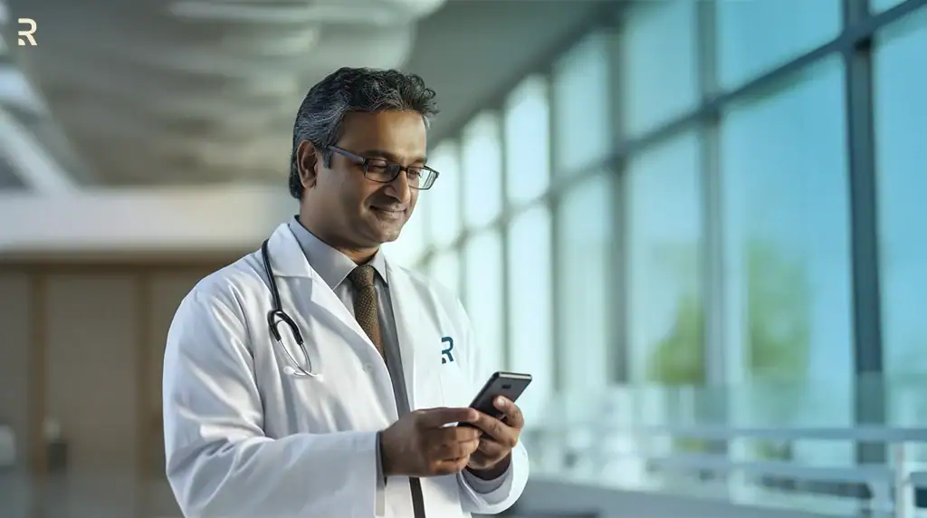 Smiling Indian doctor in a white coat reading a message on his phone, representing an online consultation for premature ejaculation