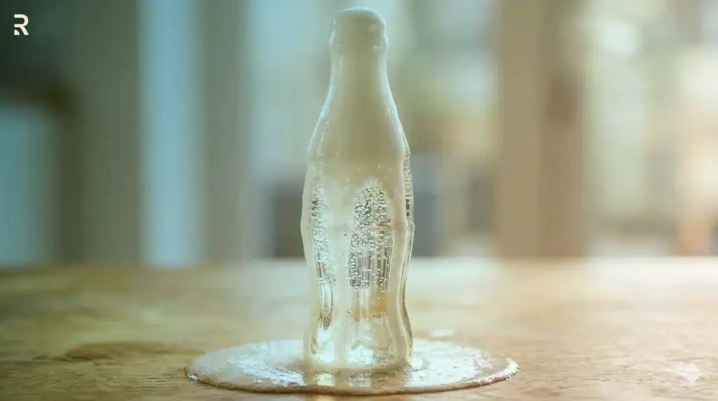 A clear glass soda bottle with foam spilling around its base on a wooden table, a visual metaphor for climaxing too soon