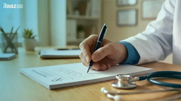 A doctor writing a prescription at a desk with a stethoscope beside it, a reminder that medicines for premature ejaculation need a prescription