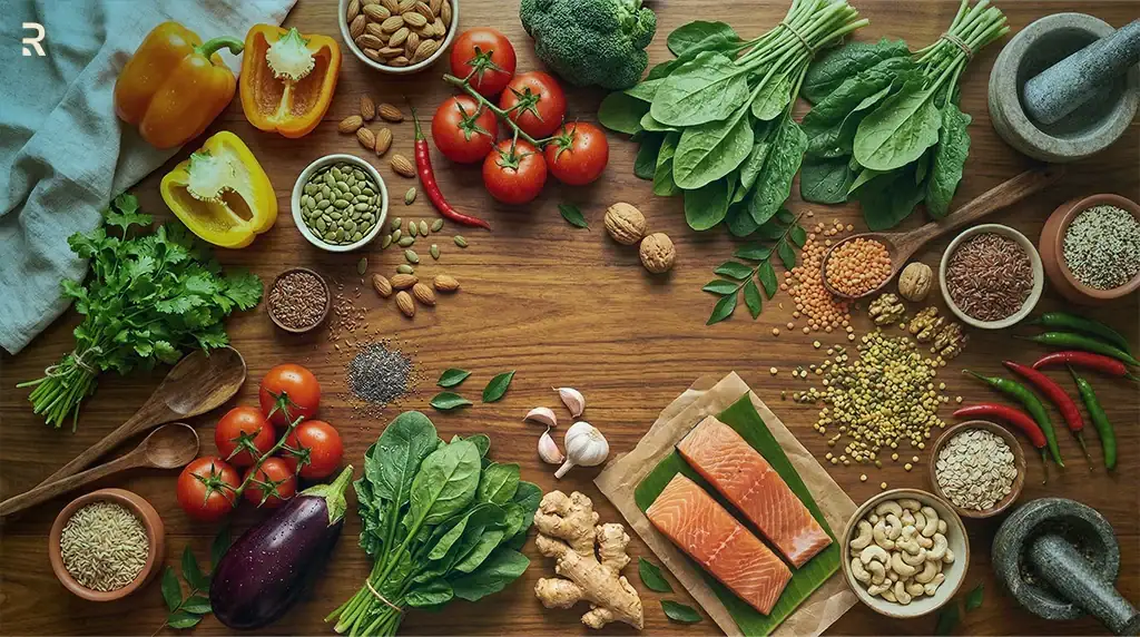 Foods for a premature ejaculation diet: spinach, tomatoes, salmon, almonds, cashews, pumpkin seeds, lentils, garlic and ginger on a wooden table