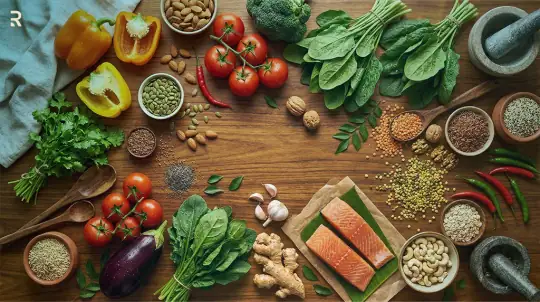 Foods for a premature ejaculation diet: spinach, tomatoes, salmon, almonds, cashews, pumpkin seeds, lentils, garlic and ginger on a wooden table