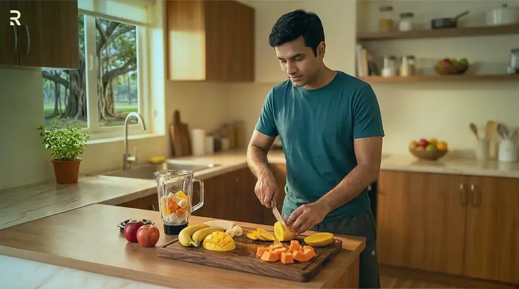 Indian man chopping fresh mango, papaya and bananas in his kitchen for a healthy breakfast