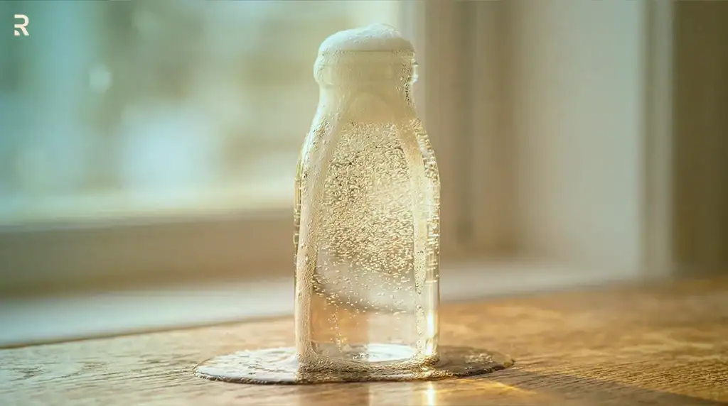 A glass bottle foaming over onto a wooden table by a sunlit window, a visual metaphor for premature ejaculation