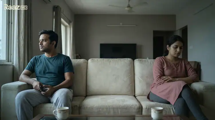 Indian couple sitting apart on a sofa, looking upset, showing the strain unspoken sexual worries can put on a relationship