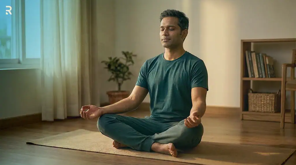 Man sitting cross-legged with eyes closed, meditating on a yoga mat at home as part of yoga for premature ejaculation