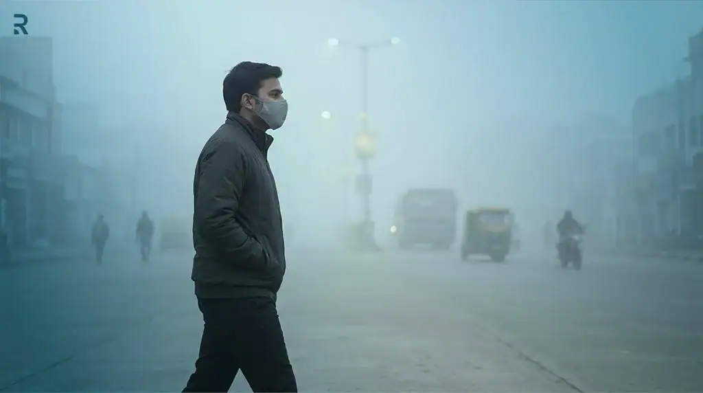 Man wearing a face mask walking through thick smog on an Indian city street
