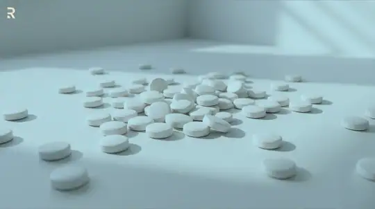 Loose white sildenafil tablets scattered on a plain surface, the prescription medicine sold as Viagra for erectile dysfunction